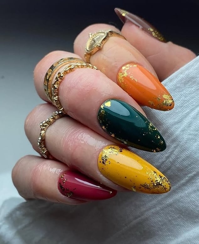 Autumnal Jewel Tones with Gold Foil Long Almond Nails Autumnal Jewel Tones with Gold Foil Long Almond Nails — Jewel Tone Nails