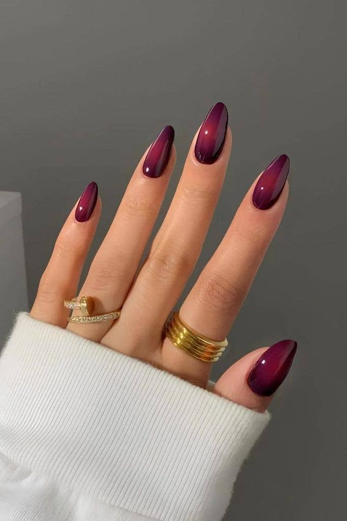 Burgundy to Deep Red Ombre Glossy Long Almond Nails Burgundy to Deep Red Ombre Glossy Long Almond Nails — Jewel Tone Nails
