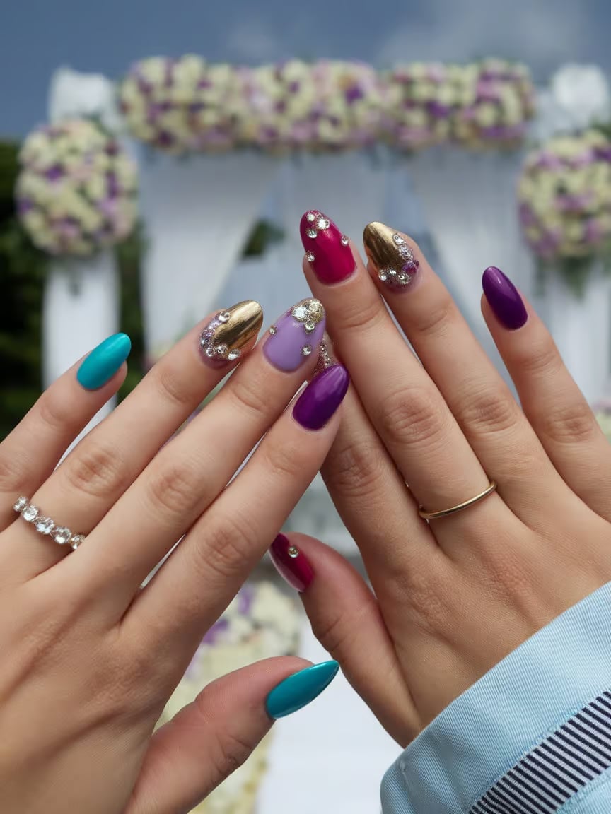 Mixed Jewel Tones with Rhinestones and Gold Almond Nails Mixed Jewel Tones with Rhinestones and Gold Almond Nails — Jewel Tone Nails