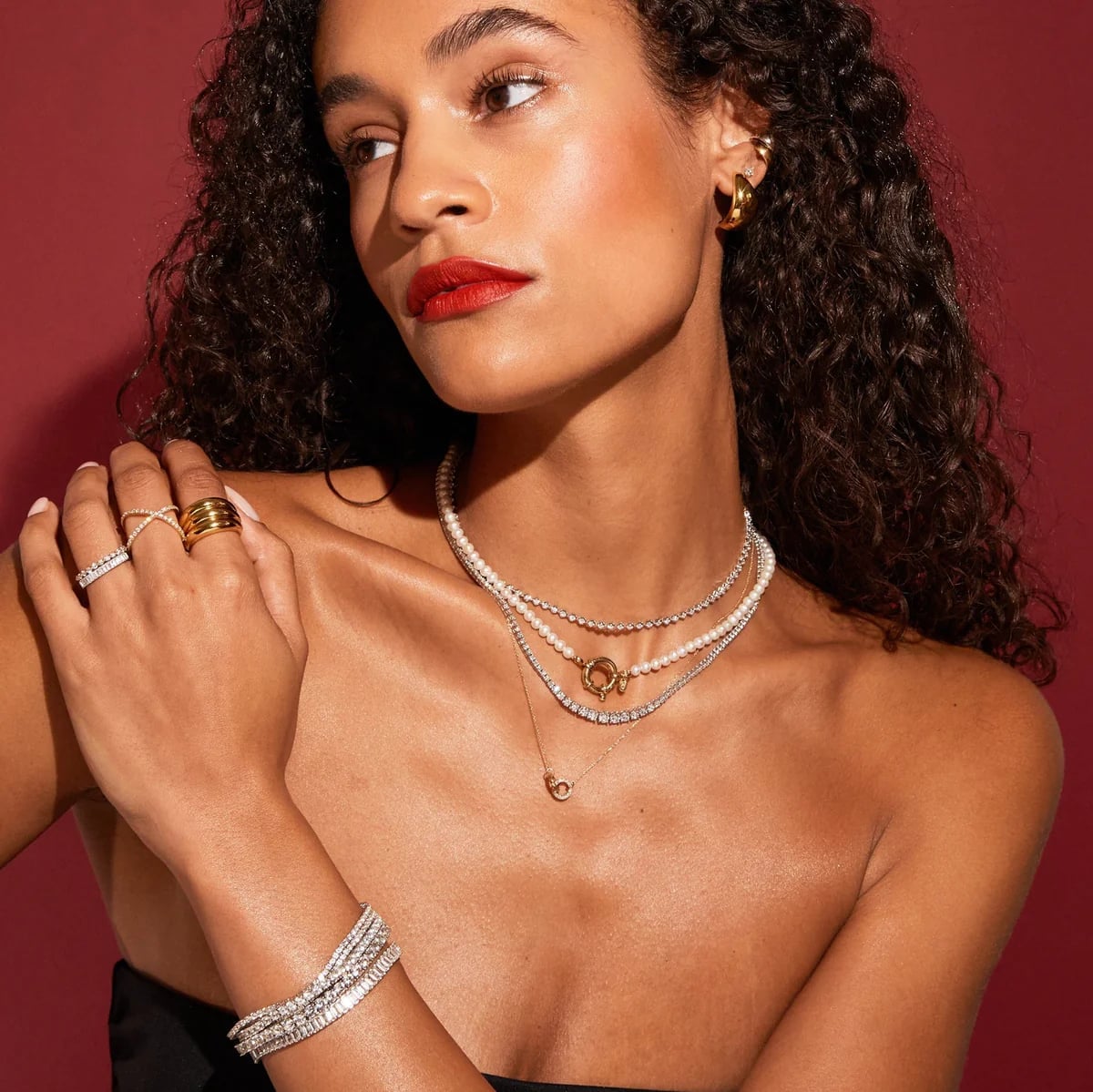 Layered Pearl and Chain Necklaces With Baguette Bracelets — Jewelry Trends