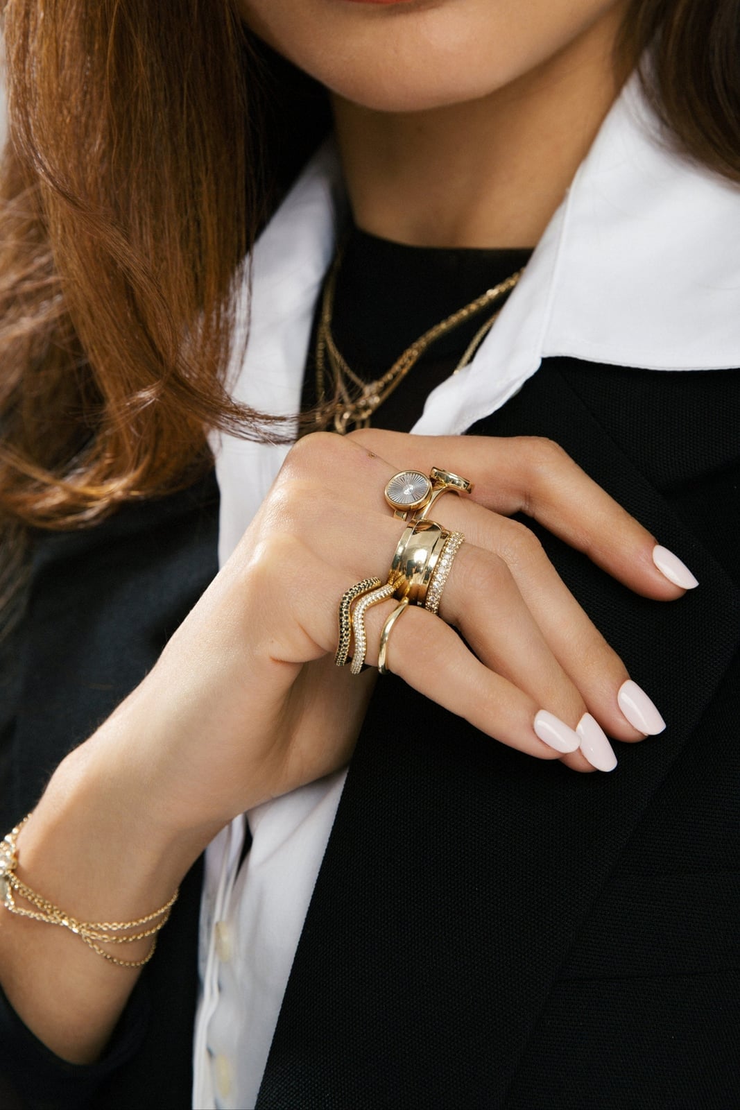 Stacked Rings With Layered Necklaces and Gold Bracelet — Jewelry Trends