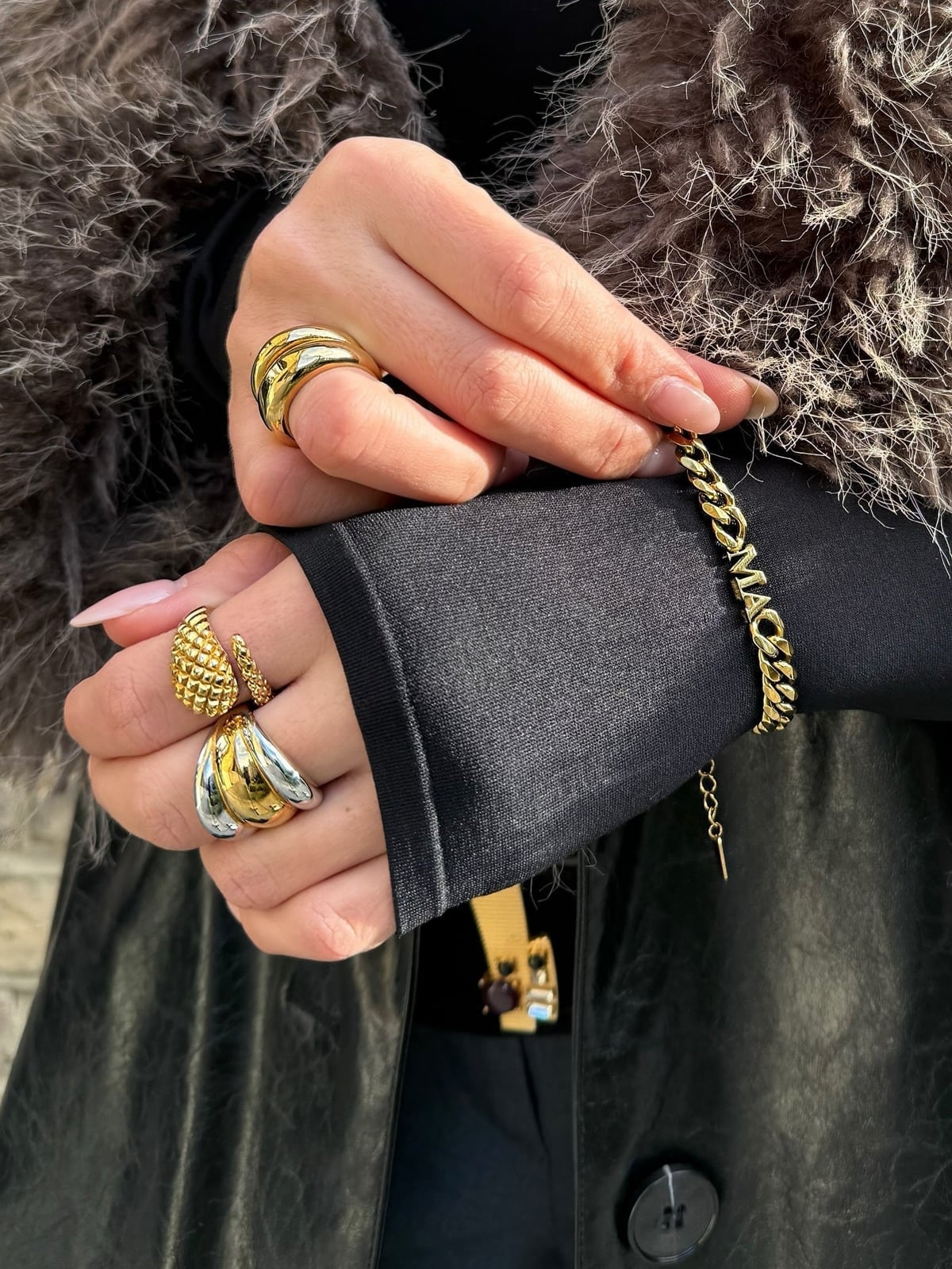 Chunky Mixed-Metal Rings With Leather Jacket — Jewelry Trends