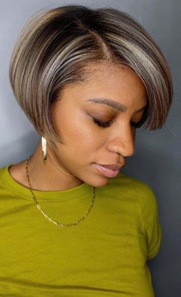 Chin Length Black Bob With Bold Blonde Highlights — Layered Bob