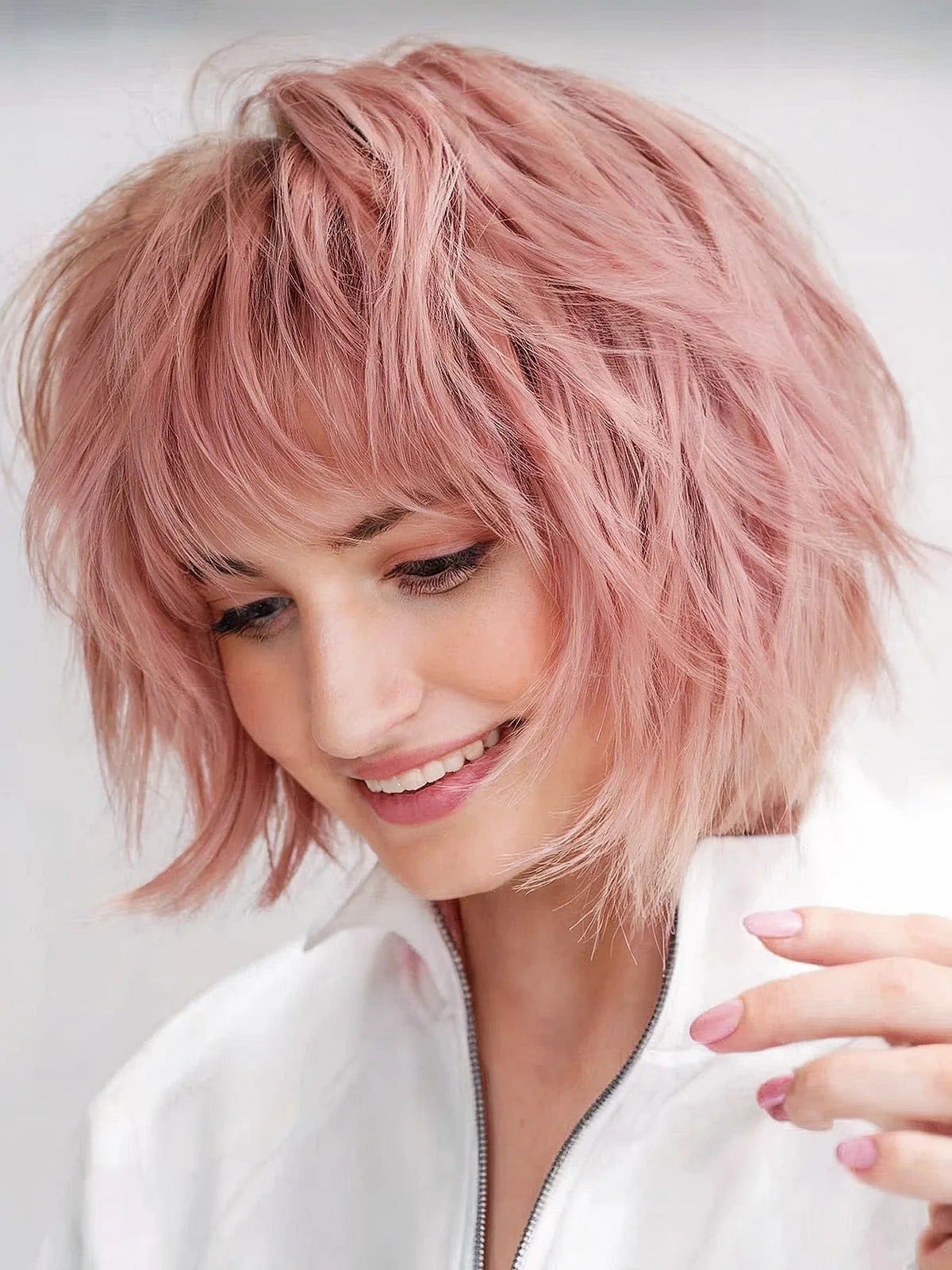 Pink Layered Bob With Curtain Bangs