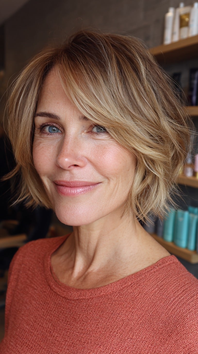 Chin Length Layered Bob With Honey Blonde