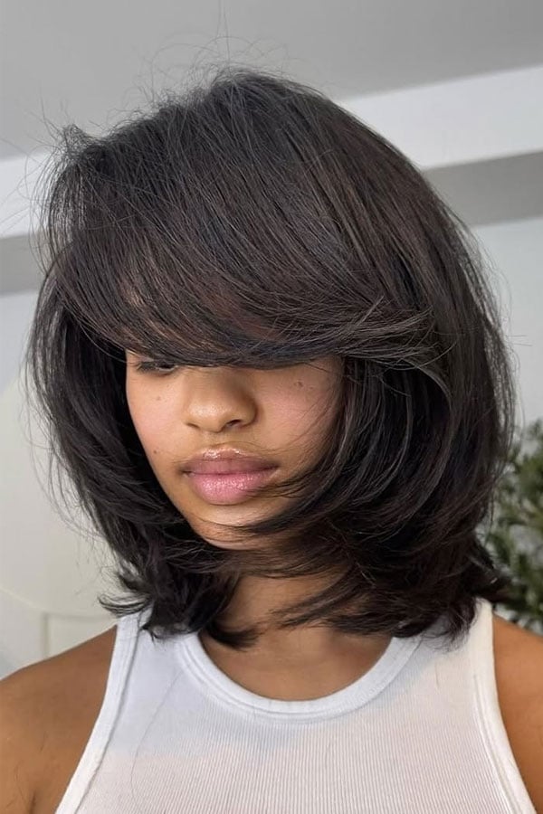 Dark Brown Layered Bob With Voluminous Side Curtain Bangs