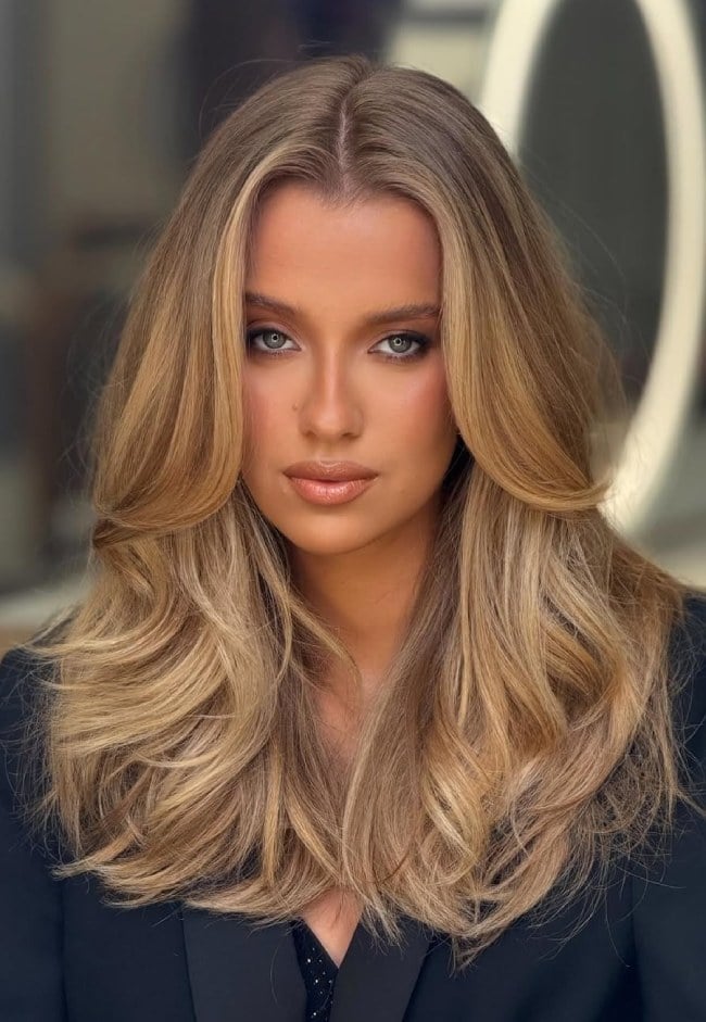 Mid-Back Beige Mocha Blonde Balayage With Curtain Bangs Mid-Back Beige Mocha Blonde Balayage With Curtain Bangs — Layered Hair