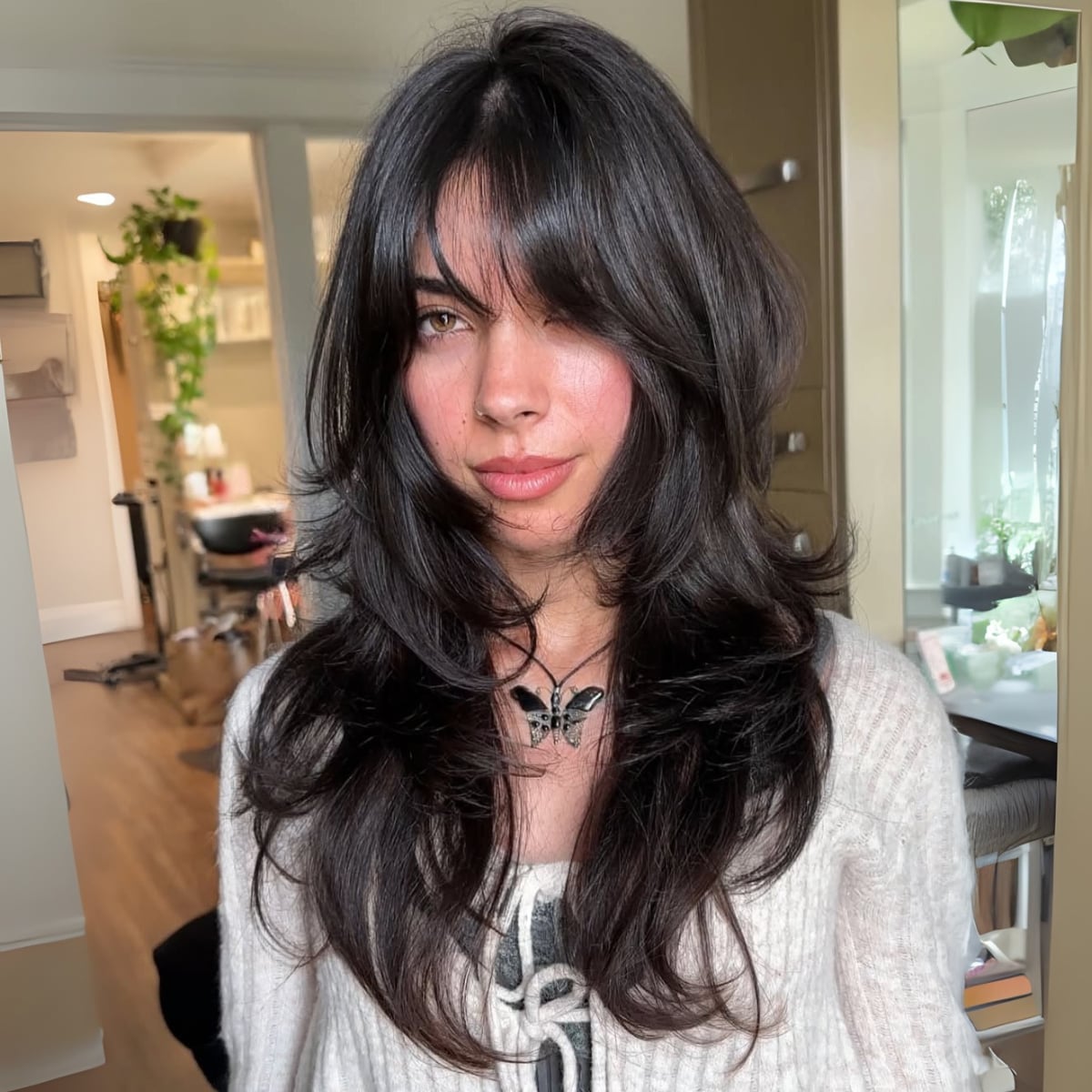Shoulder Length Dark Brown Wolf Cut With Full Bangs Shoulder Length Dark Brown Wolf Cut With Full Bangs — Layered Hair