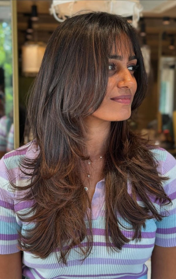 Mid-Back Shag With Feathered Layers and Full Bangs Mid-Back Shag With Feathered Layers and Full Bangs — Layered Hair