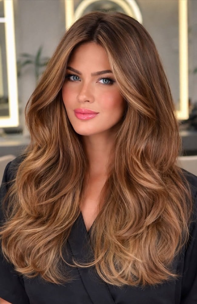 Long Warm Caramel Brunette With Blonde Highlights Long Warm Caramel Brunette With Blonde Highlights — Layered Hair