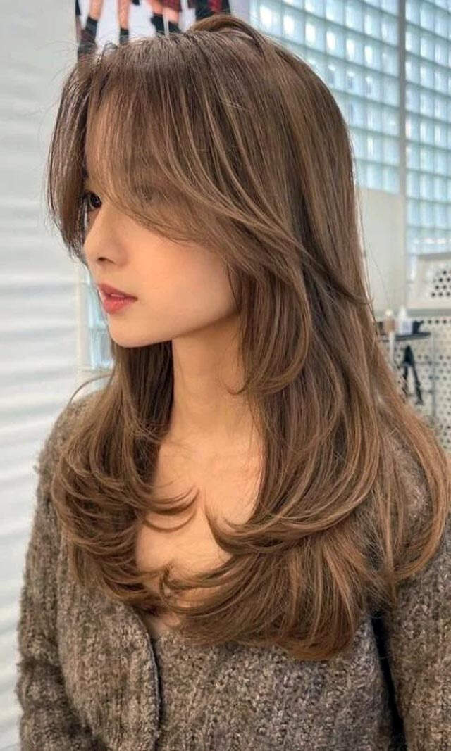 Mid-Back Ash Brown With Long Side-Swept Bangs Mid-Back Ash Brown With Long Side-Swept Bangs — Layered Hair