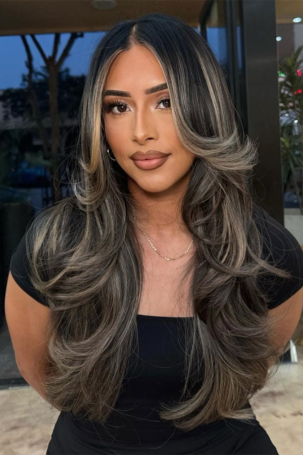 Long Dark Brown With High Contrast Ash Blonde Highlights Long Dark Brown With High Contrast Ash Blonde Highlights — Layered Hair
