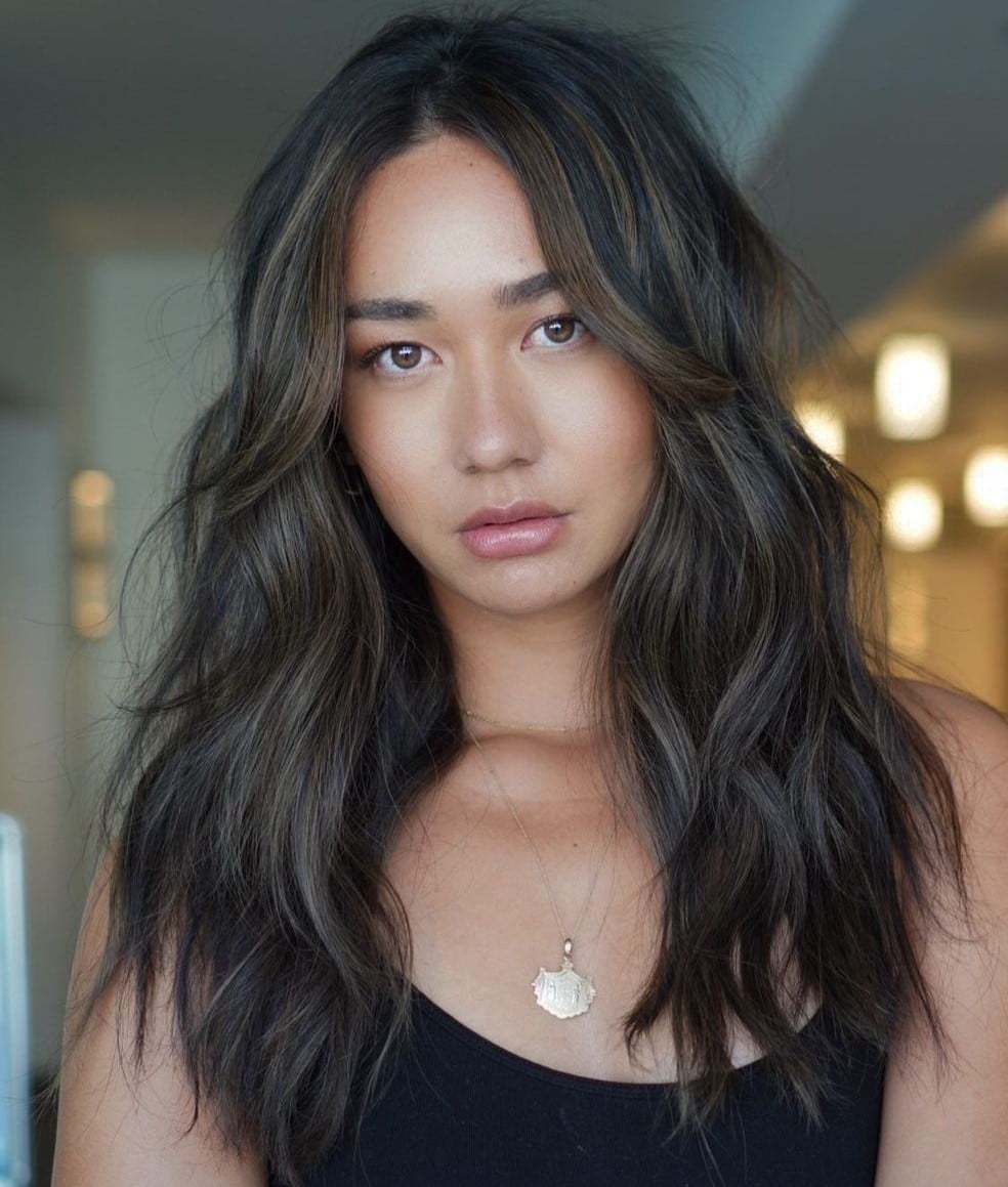 Mid-Back Dark Brown With Subtle Balayage and Curtain Bangs Mid-Back Dark Brown With Subtle Balayage and Curtain Bangs — Layered Hair