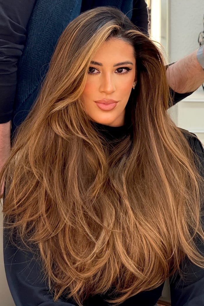 Mid-Back Warm Medium Brown With Golden Highlights Mid-Back Warm Medium Brown With Golden Highlights — Layered Hair