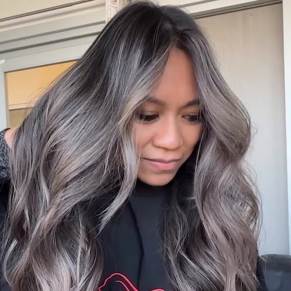 Mid-Back Ash Brown With Ash Blonde Balayage and Side Part Mid-Back Ash Brown With Ash Blonde Balayage and Side Part — Layered Hair