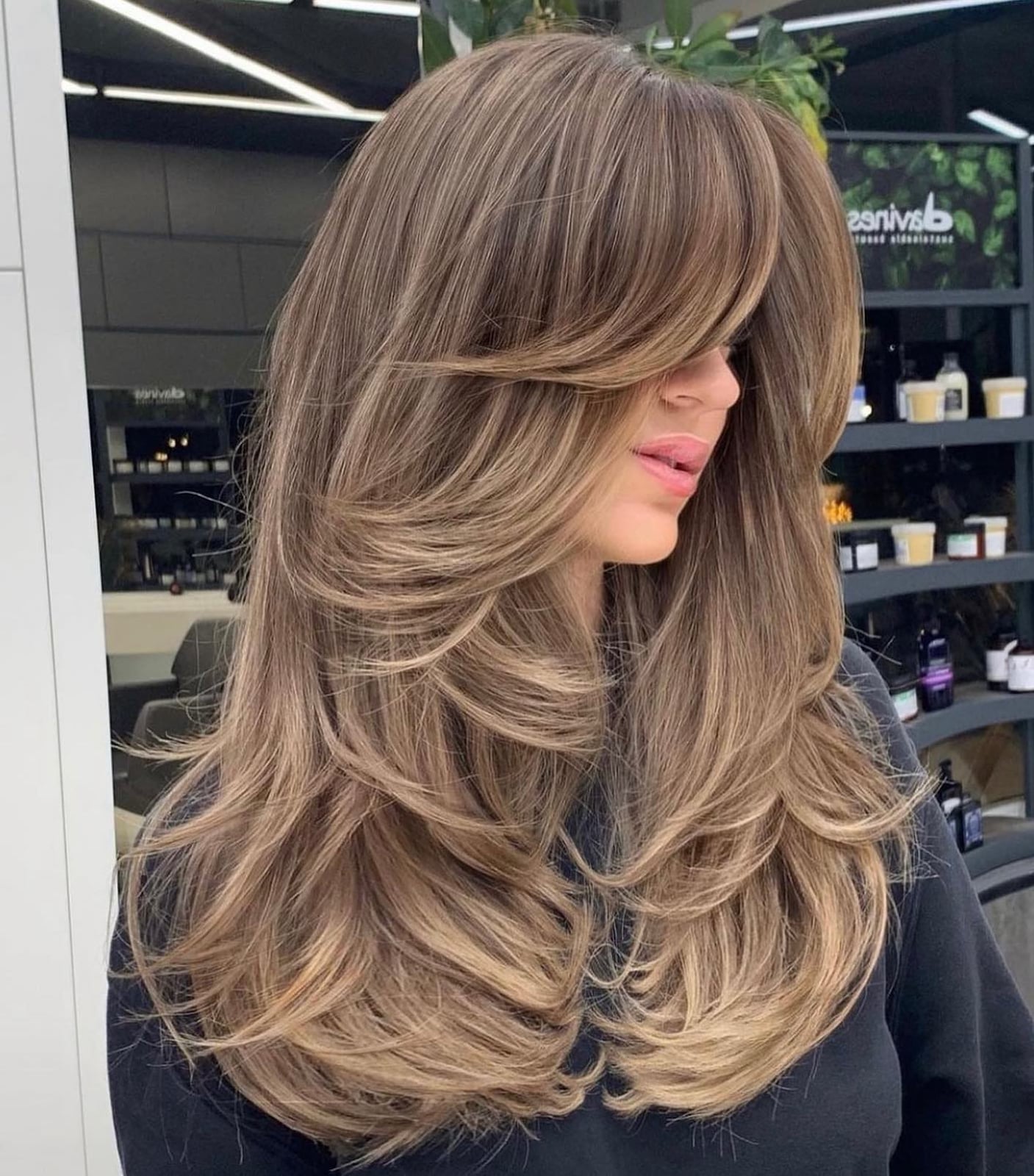 Mid-Back Ash Brown With Face-Framing Layers and Curtain Bangs Mid-Back Ash Brown With Face-Framing Layers and Curtain Bangs — Layered Hair