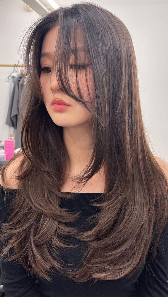 Mid-Back Dark Brown With Wispy Curtain Bangs and Subtle, Close-Up Take Mid-Back Dark Brown With Wispy Curtain Bangs and Subtle, Close-Up Take — Layered Hair