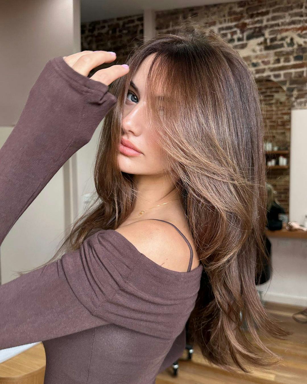 Mid-Back Medium Brown With Soft Blonde Balayage Mid-Back Medium Brown With Soft Blonde Balayage — Layered Hair