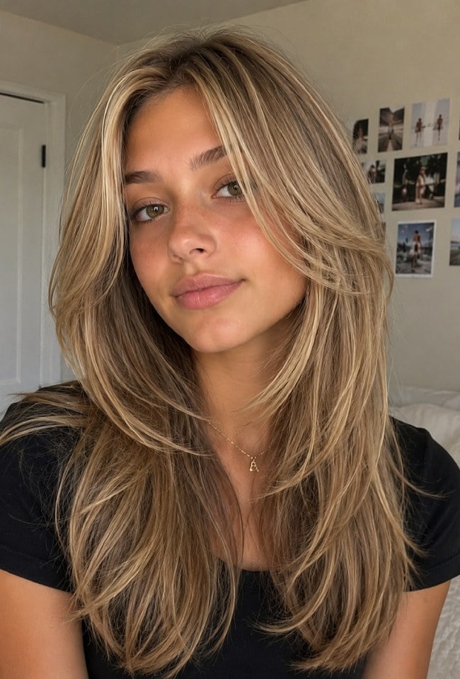 Mid-Back Brown With Honey Beige Blonde Highlights and Curtain Bangs Mid-Back Brown With Honey Beige Blonde Highlights and Curtain Bangs — Layered Hair