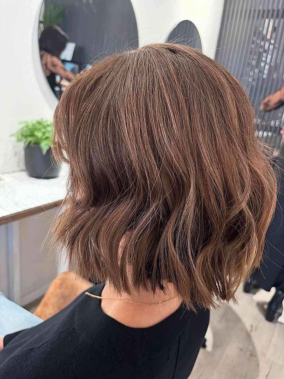 Light Brown Bob With Wavy Curtain Bangs Light Brown Bob With Wavy Curtain Bangs — Light Brown Hair
