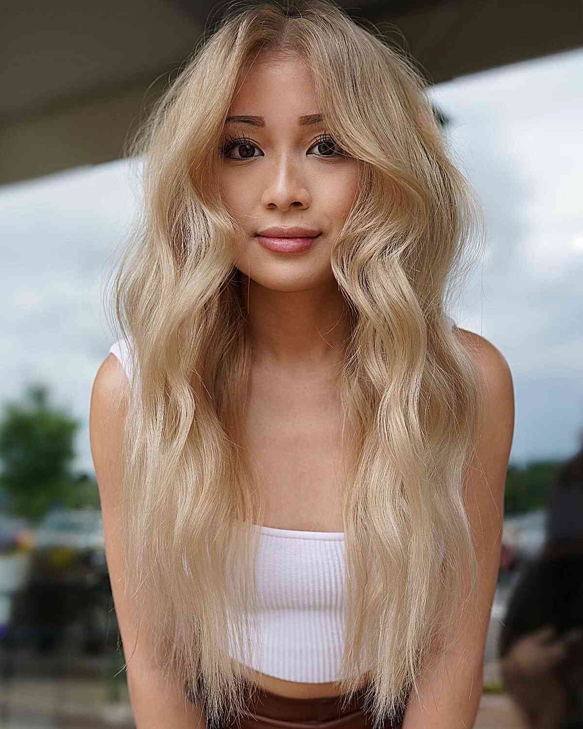 Beige Blonde Mid-Back Layers With Balayage, Curtain Bangs Beige Blonde Mid-Back Layers With Balayage, Curtain Bangs — Lived In Blonde