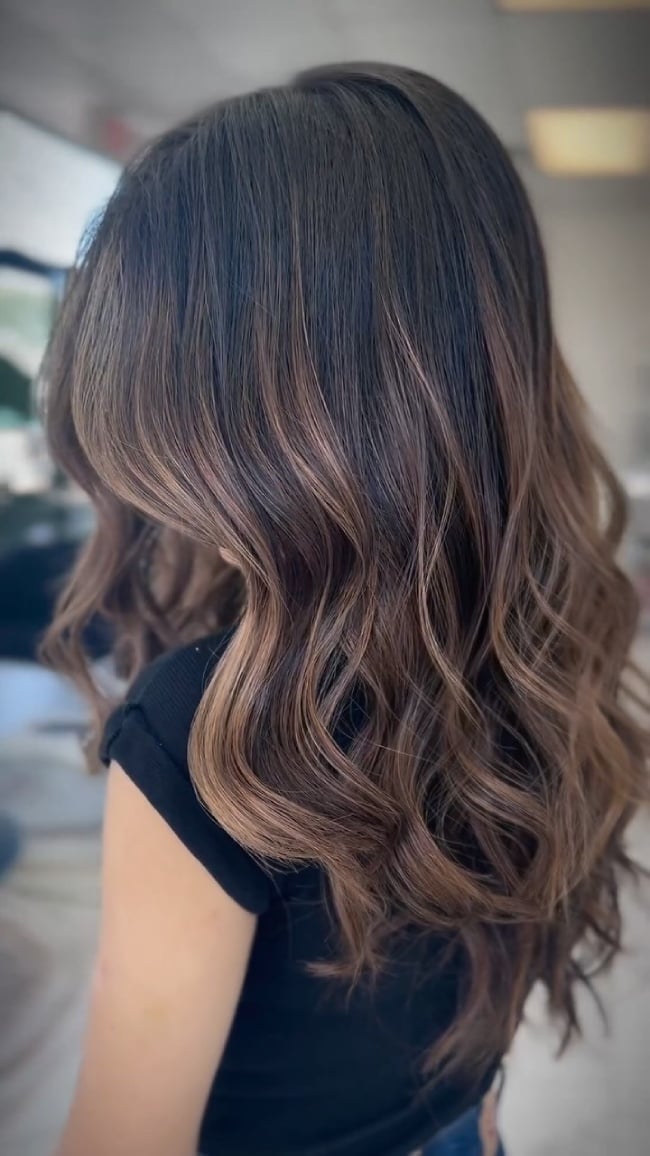 Mid-Back Dark Brown With Melted Caramel Balayage Mid-Back Dark Brown With Melted Caramel Balayage — Lived In Brunette
