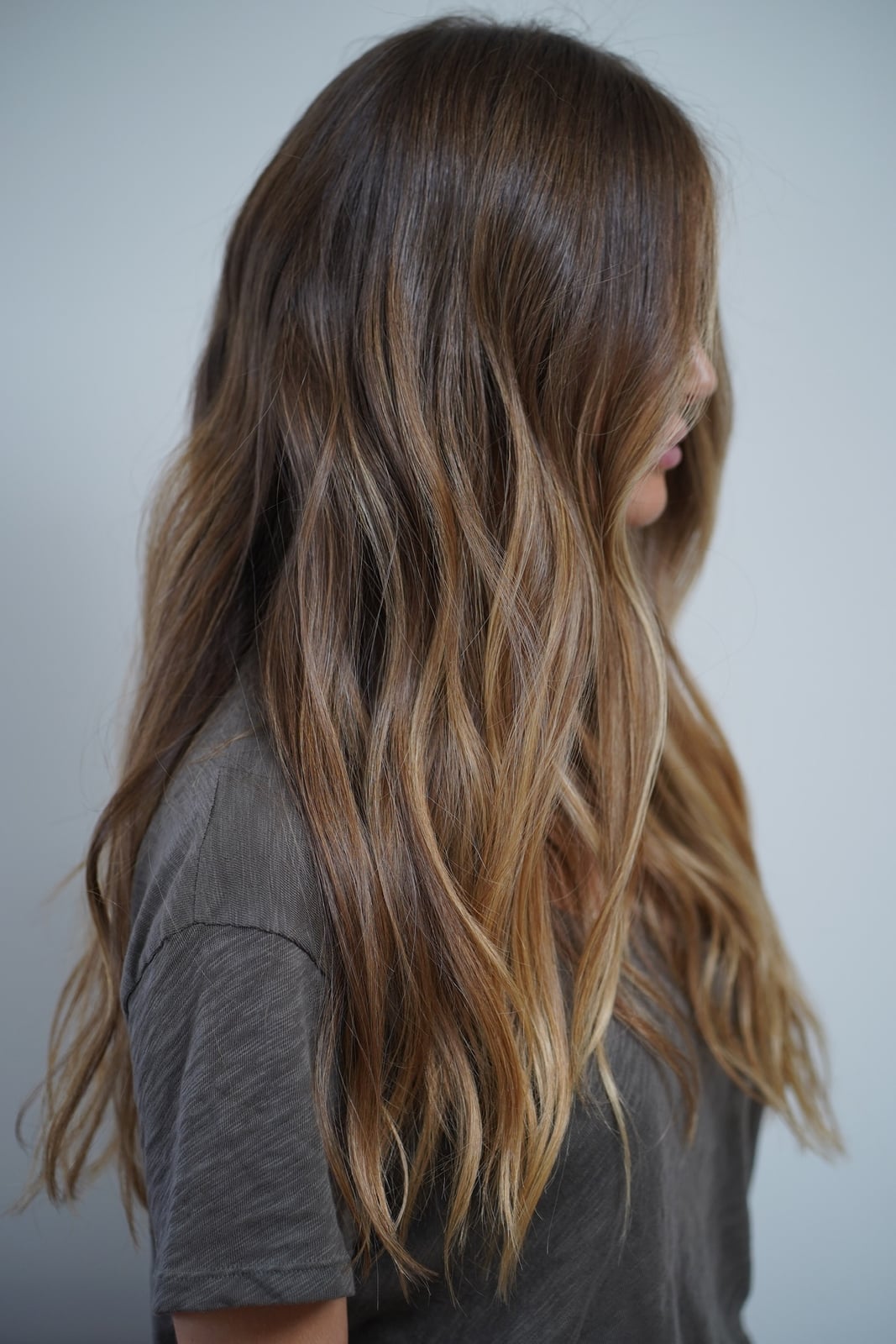 Mid-Back Honey Brown Balayage With Curtain Bangs Mid-Back Honey Brown Balayage With Curtain Bangs — Lived In Brunette