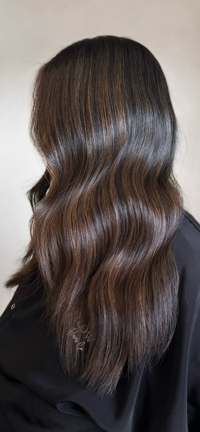Mid-Back Dark Brown With Espresso Highlights Mid-Back Dark Brown With Espresso Highlights — Lived In Brunette