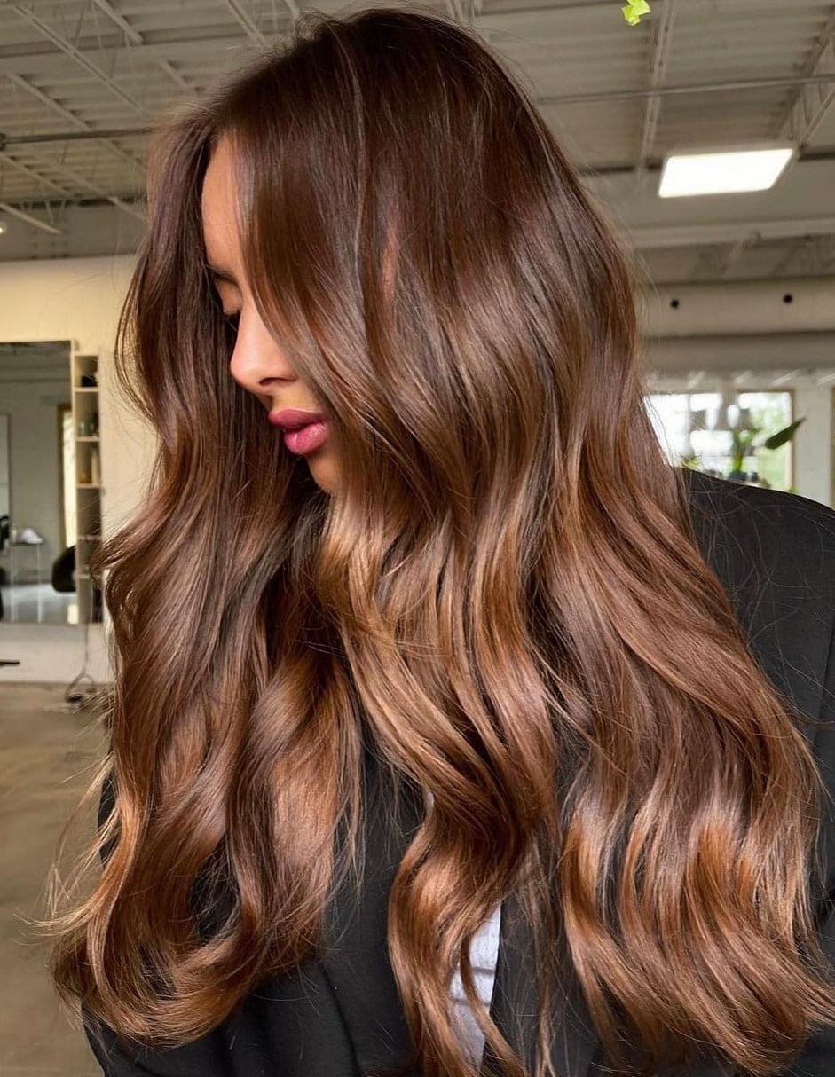 Mid-Back Medium Brown With Caramel Highlights And Curtain Bangs Mid-Back Medium Brown With Caramel Highlights And Curtain Bangs — Lived In Brunette