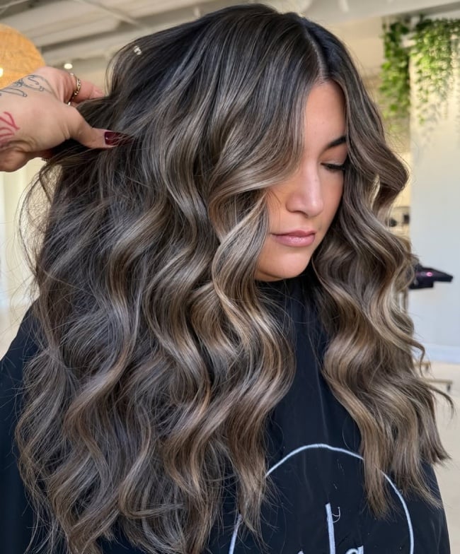 Long Dark Brunette With Taupe Balayage Long Dark Brunette With Taupe Balayage — Lived In Brunette