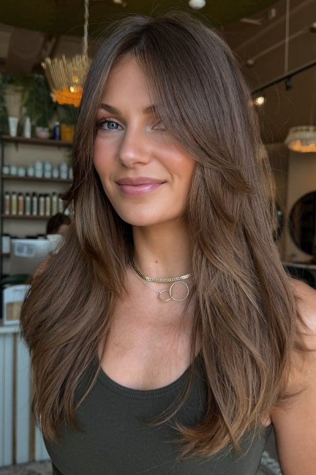 Collarbone Brunette With Blonde Highlights And Curtain Bangs Collarbone Brunette With Blonde Highlights And Curtain Bangs — Lived In Brunette