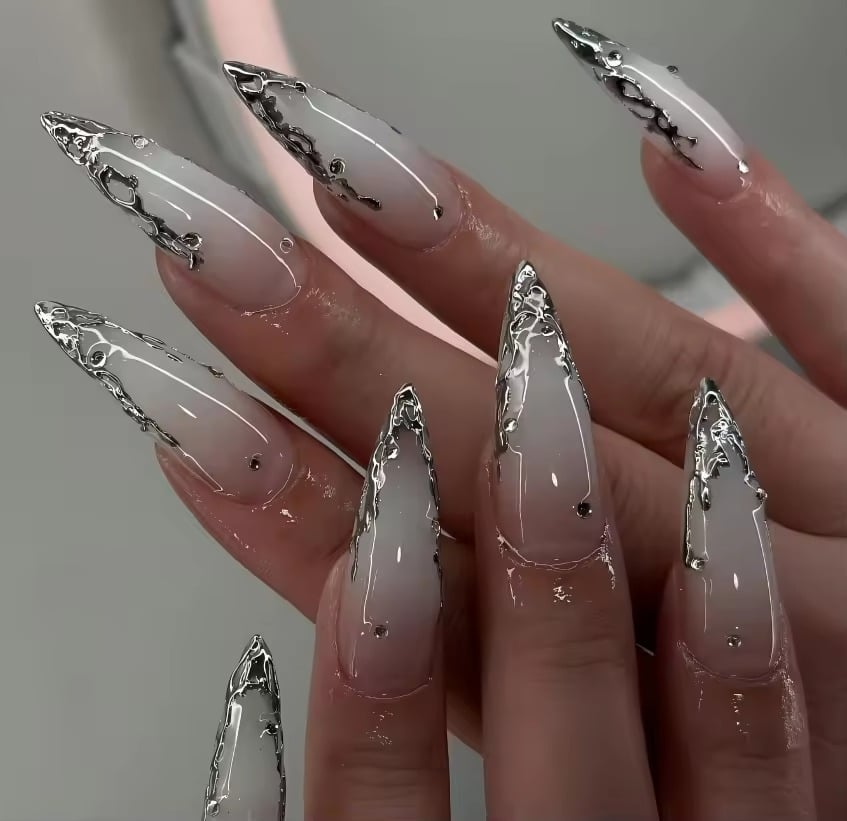 Luxury Silver Stripe Handmade French Long Stiletto Press on Nails Fake Nails