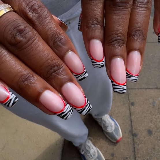 Sheer Pink Square Nails With Zebra Print French Tips Sheer Pink Square Nails With Zebra Print French Tips — Long Acrylic Nails