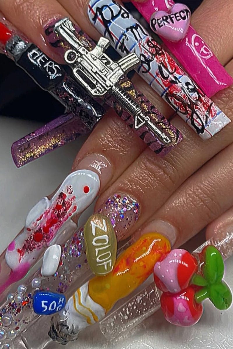 Extra Long Nails With Chaotic 3D Charms Extra Long Nails With Chaotic 3D Charms — Long Acrylic Nails