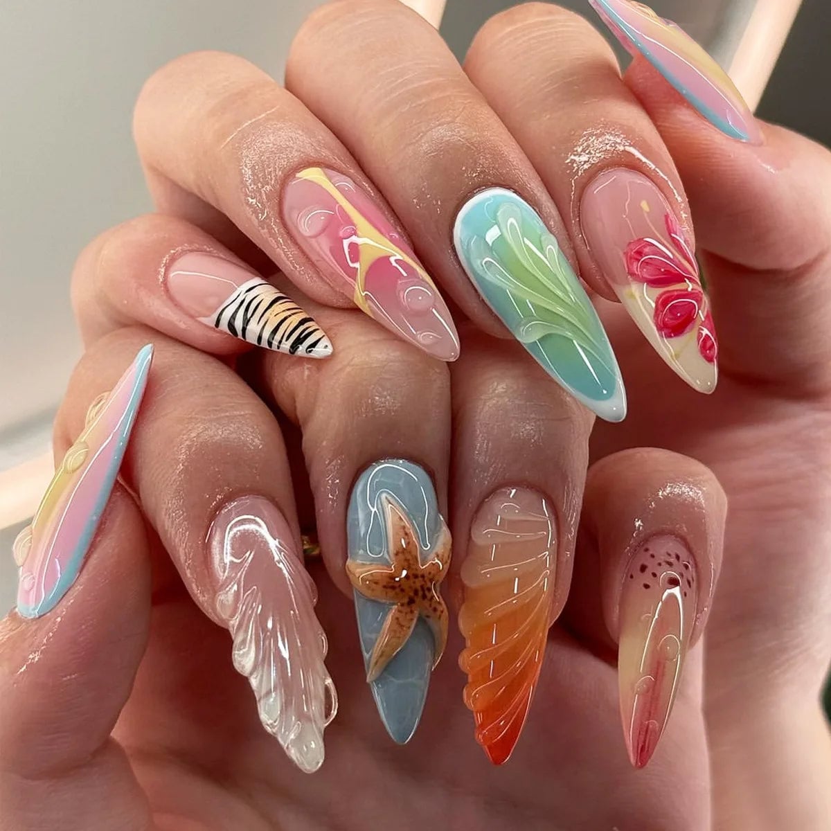 Long Stiletto Nails With 3D Elements And Jelly Finishes Long Stiletto Nails With 3D Elements And Jelly Finishes — Long Acrylic Nails