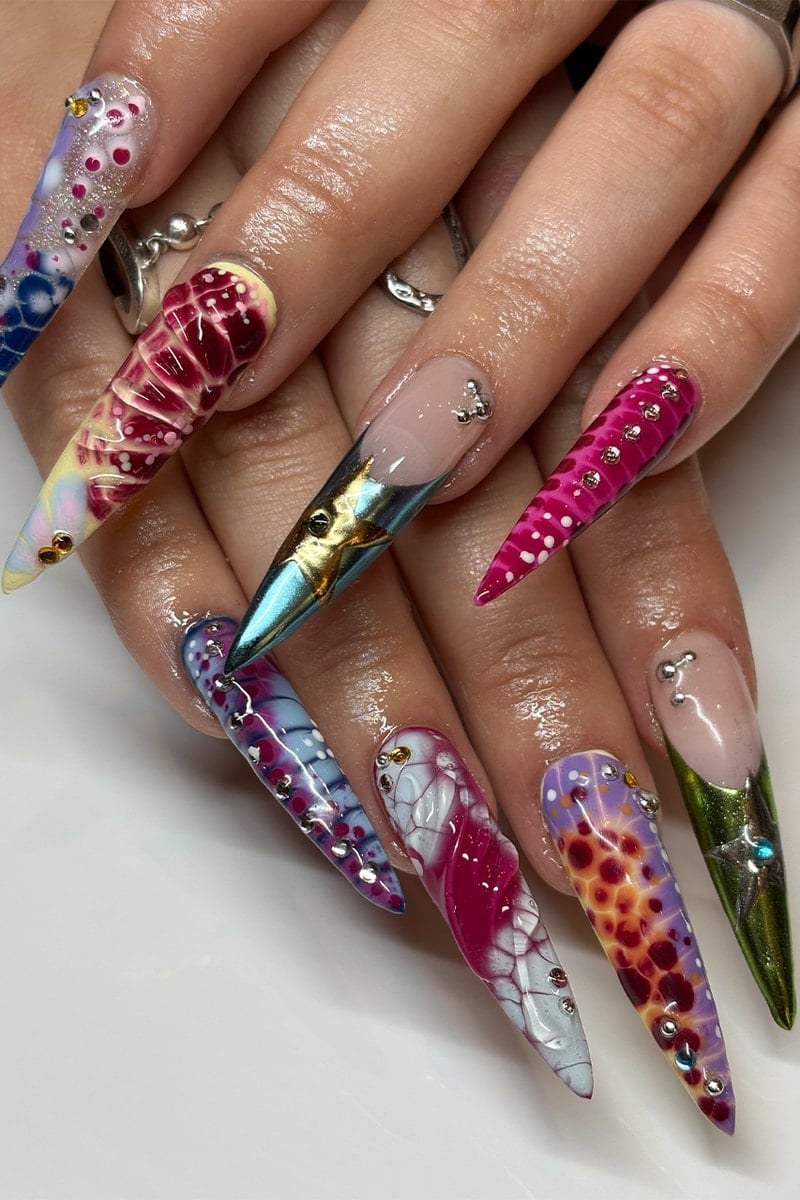 Extra Long Stilettos With Abstract And Animal Prints Extra Long Stilettos With Abstract And Animal Prints — Long Acrylic Nails