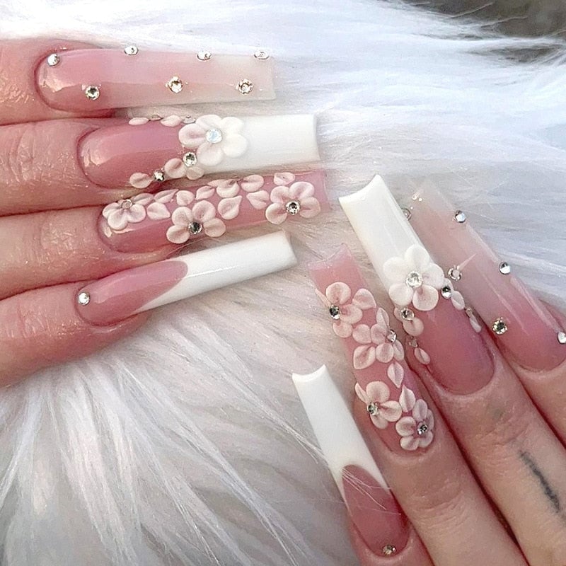 Extra Long Square Nails With 3D Flowers And Bows Extra Long Square Nails With 3D Flowers And Bows — Long Acrylic Nails