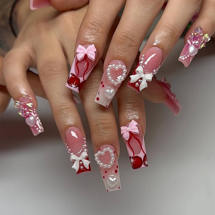 Long Coffin Nails With 3D Bows And Cherry Motifs Long Coffin Nails With 3D Bows And Cherry Motifs — Long Acrylic Nails