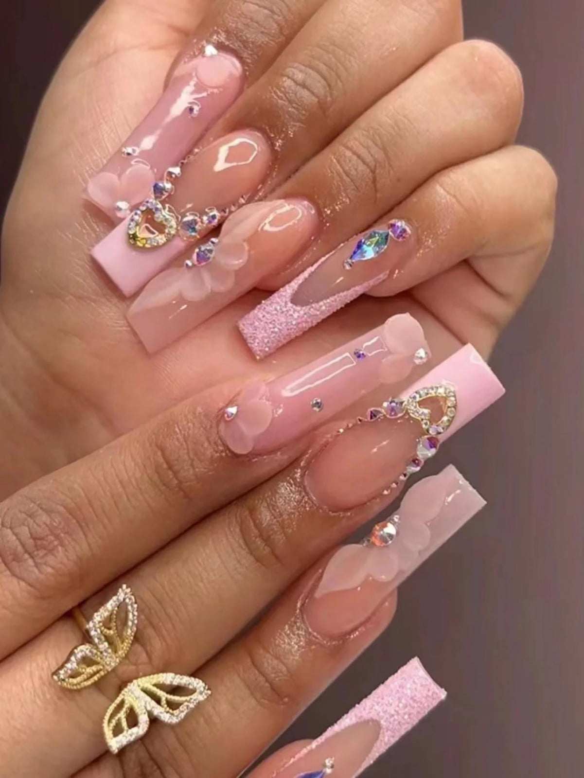 Extra Long Square Nails With 3D Flowers And Glitter, Glossy Extra Long Square Nails With 3D Flowers And Glitter, Glossy — Long Acrylic Nails
