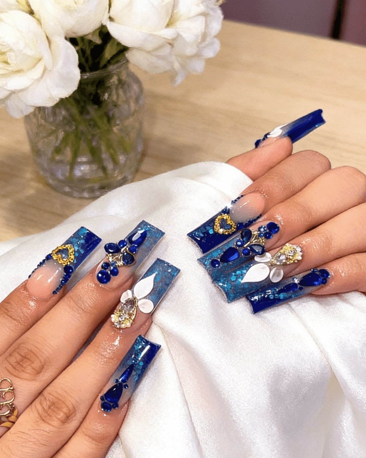 Long Square Royal Blue Nails With Gold Charms Long Square Royal Blue Nails With Gold Charms — Long Acrylic Nails