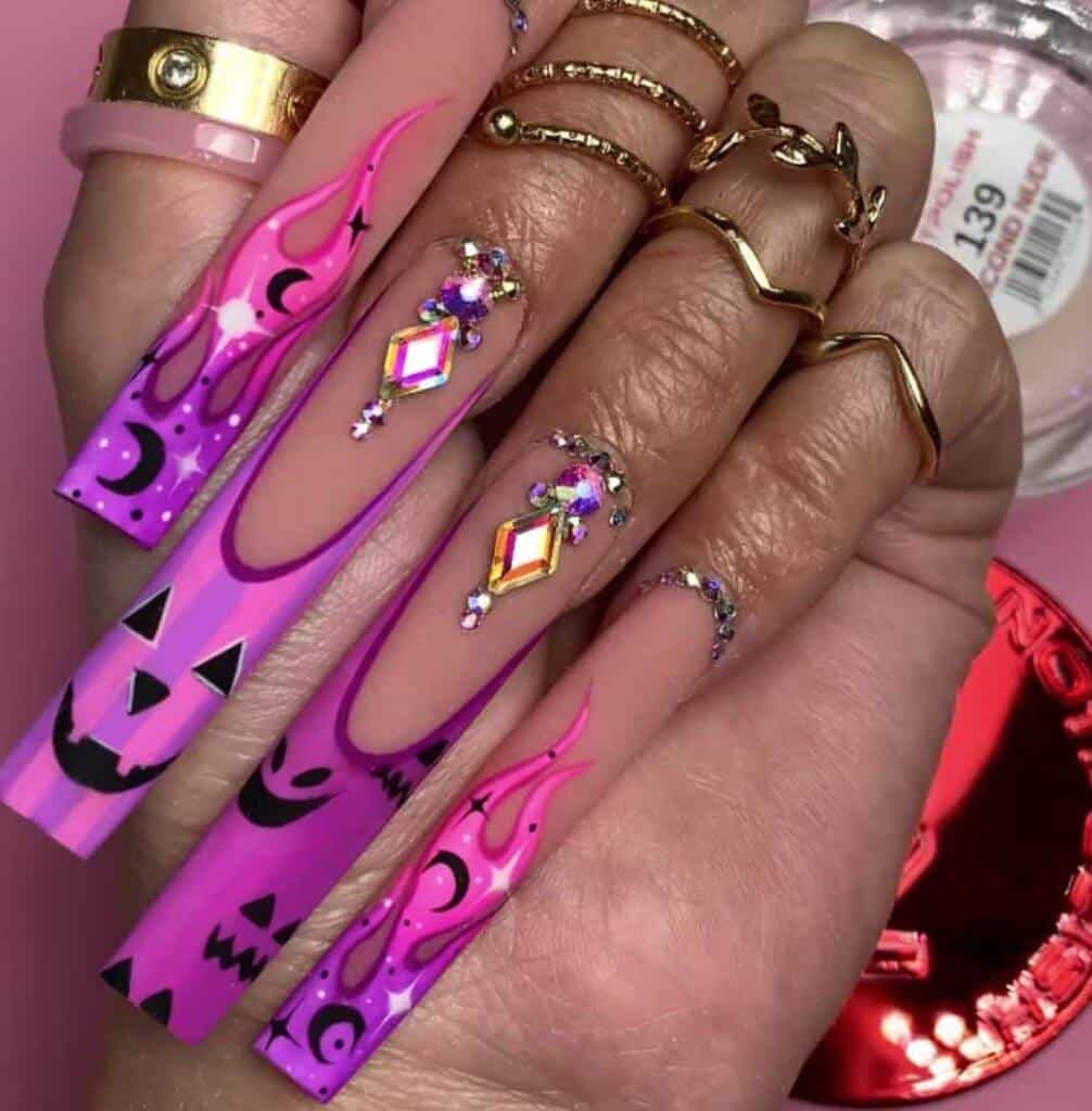 Extra Long Coffin Nails With Halloween Motifs Extra Long Coffin Nails With Halloween Motifs — Long Acrylic Nails
