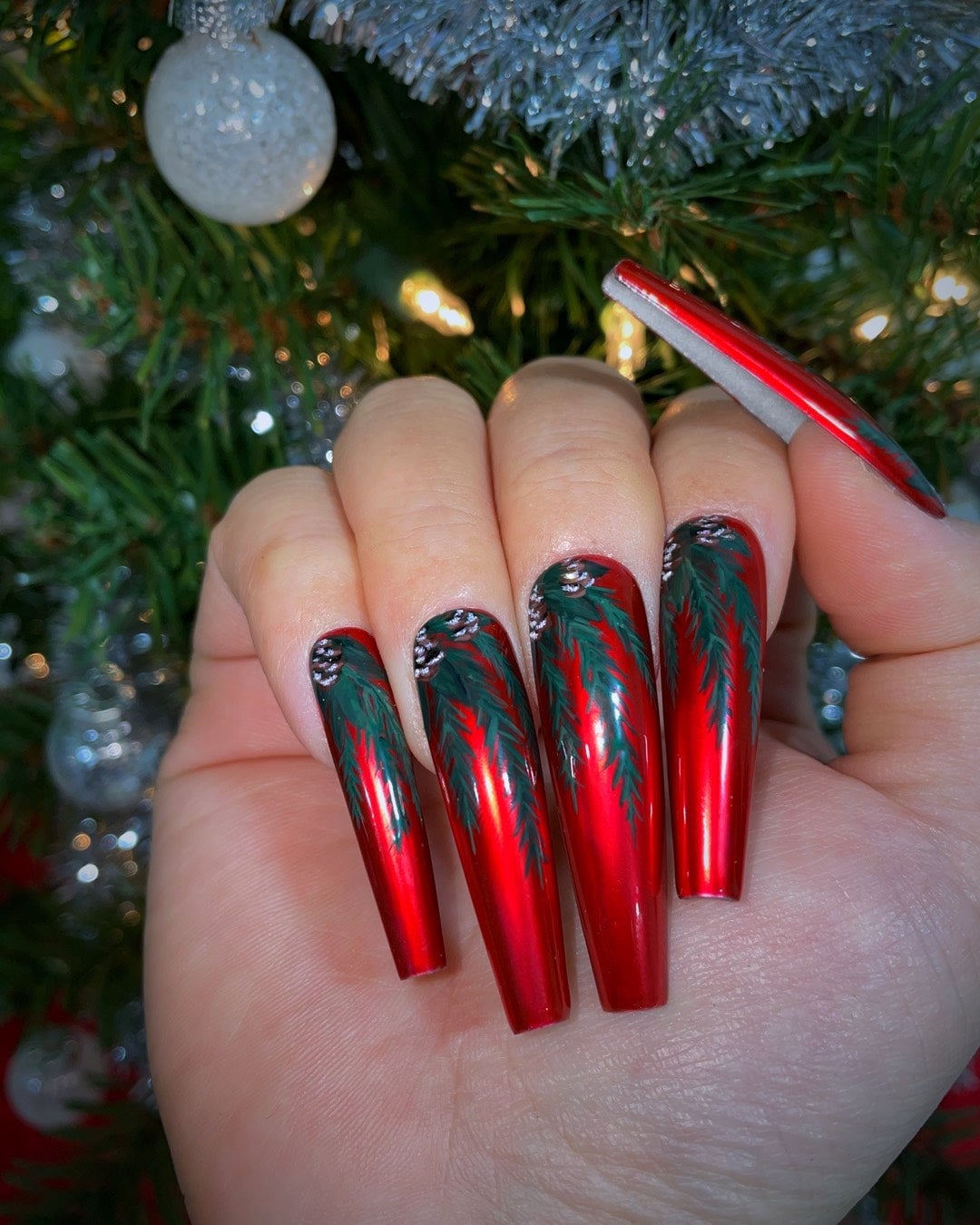 Long Coffin Nails With Metallic Red And Pine Art Long Coffin Nails With Metallic Red And Pine Art — Long Acrylic Nails