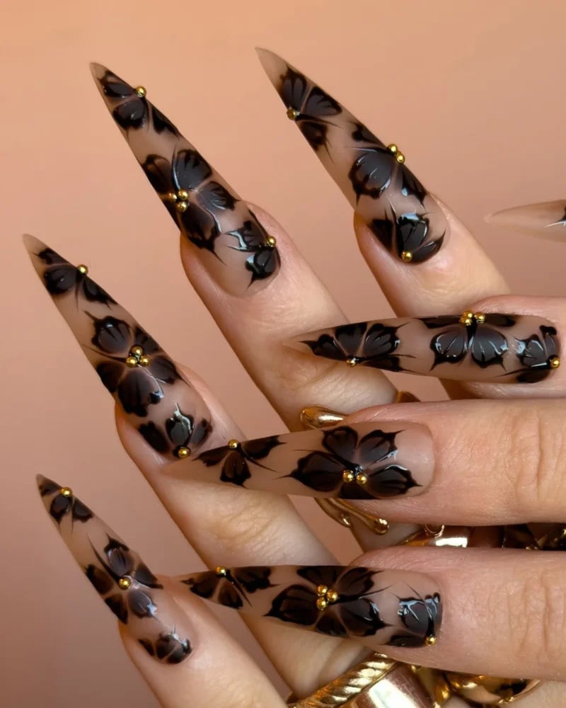 Matte Sheer Nude Nails With Black Floral Art Matte Sheer Nude Nails With Black Floral Art — Long Acrylic Nails