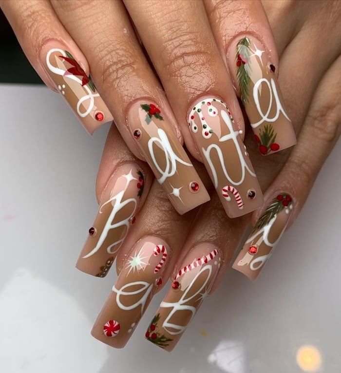 Long Square Nails With Gingerbread Man Christmas Designs Long Square Nails With Gingerbread Man Christmas Designs — Long Acrylic Nails