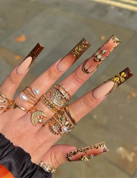 Long Square Nails With Brown Beige Ombre And Gold Art Long Square Nails With Brown Beige Ombre And Gold Art — Long Acrylic Nails