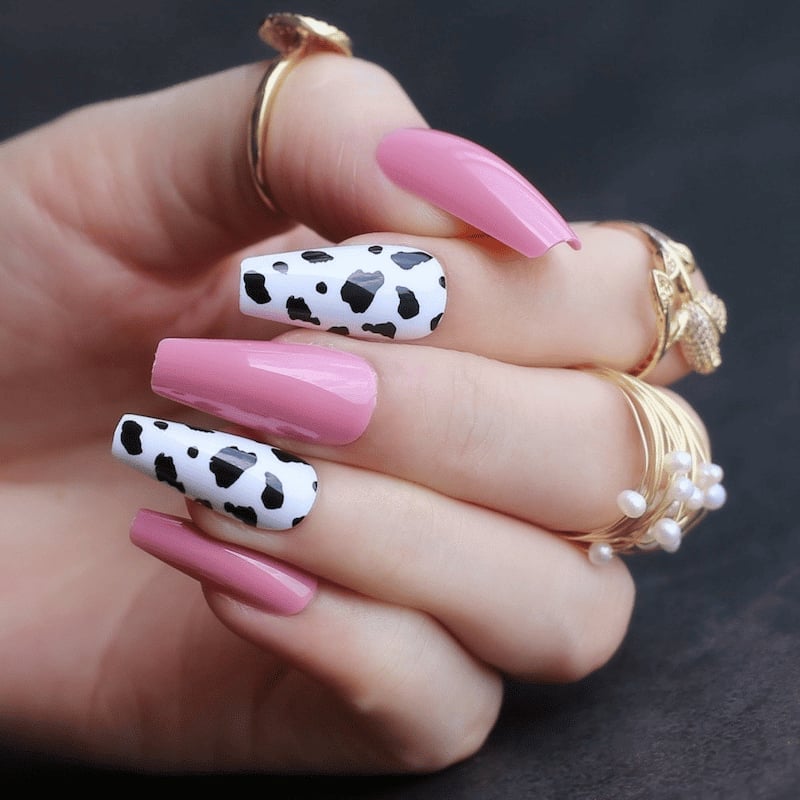 Long Coffin Nails With Pink And Cow Print Long Coffin Nails With Pink And Cow Print — Long Acrylic Nails