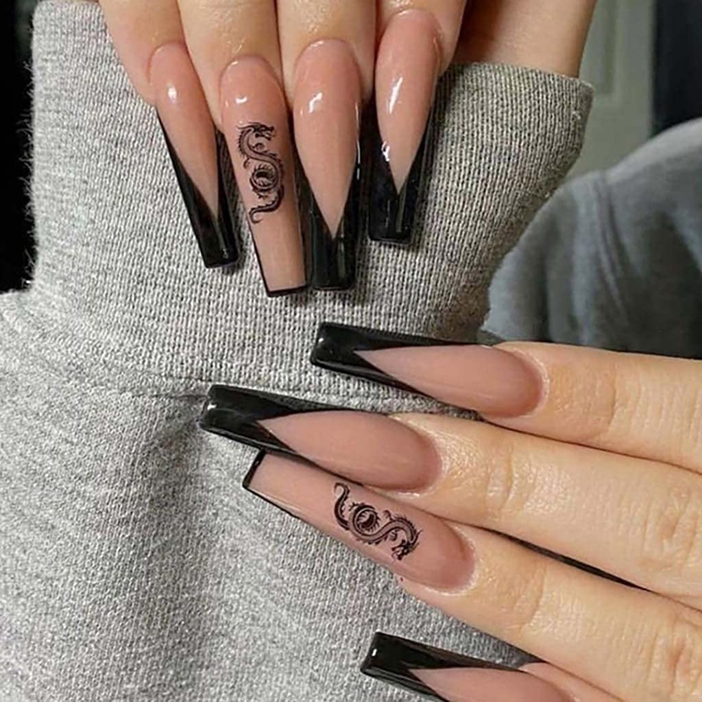 Extra Long Coffin Nails With Dragon Art Extra Long Coffin Nails With Dragon Art — Long Acrylic Nails