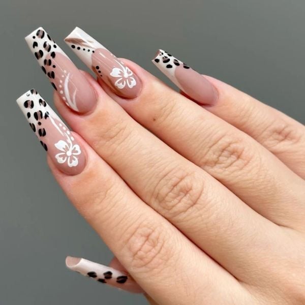 Long Square Nails With Floral And Leopard Accents Long Square Nails With Floral And Leopard Accents — Long Acrylic Nails