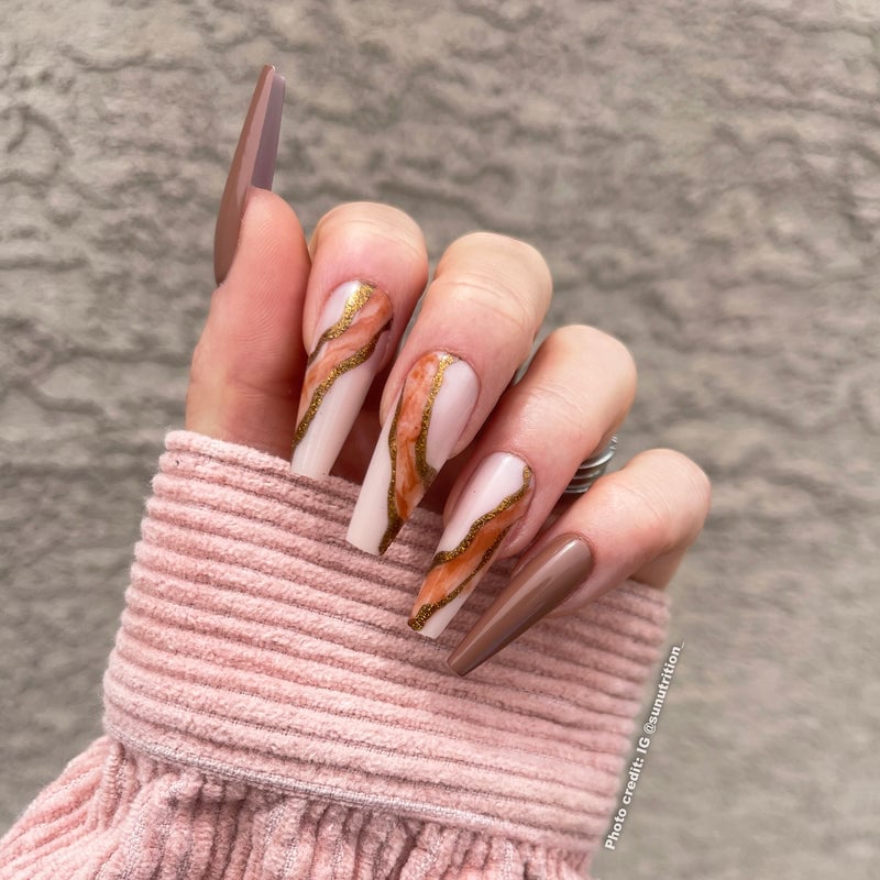 Long Coffin Nails With Butterscotch Marble Design Long Coffin Nails With Butterscotch Marble Design — Long Acrylic Nails