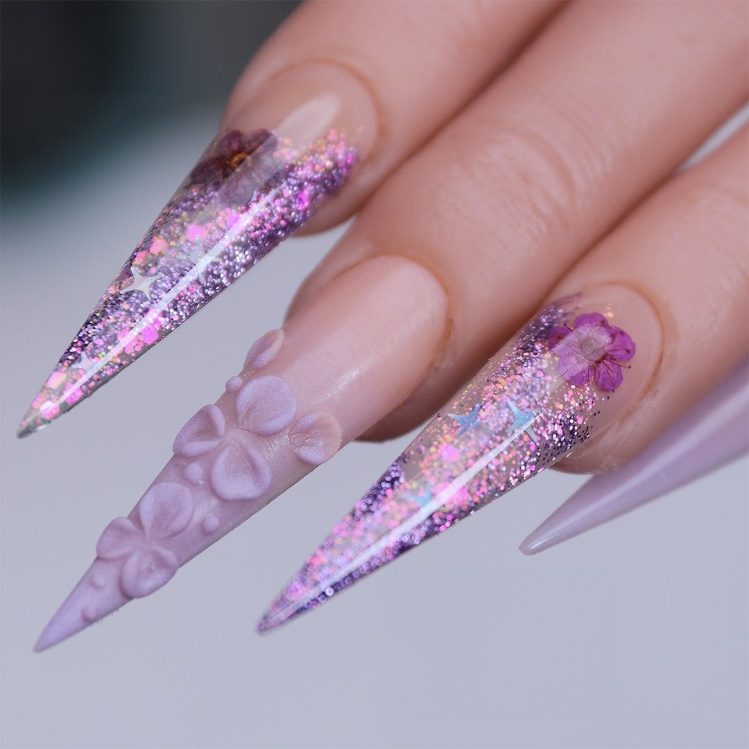 Long Stiletto Nails With 3D Lilac Florals Long Stiletto Nails With 3D Lilac Florals — Long Acrylic Nails